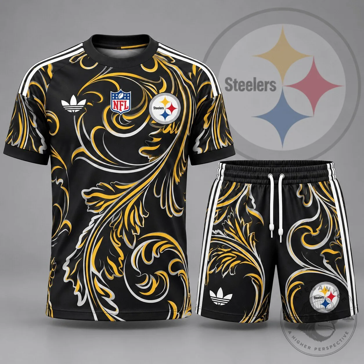 Pittsburgh Steelers Heritage Swirl All Over Print Football Team Jersey and Shorts Set